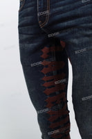 Dark Blue Brown Gothic Embroidered Skinny Jeans