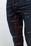 Dark Blue Brown Gothic Embroidered Skinny Jeans