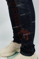 Dark Blue Brown Gothic Embroidered Skinny Jeans