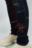 Dark Blue Brown Gothic Embroidered Skinny Jeans