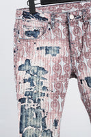 Cashew flower gauze thread cut distressed blue jeans