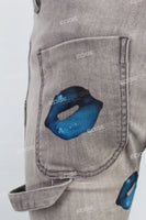 Men's Printed Gray Denim Cargo Pants