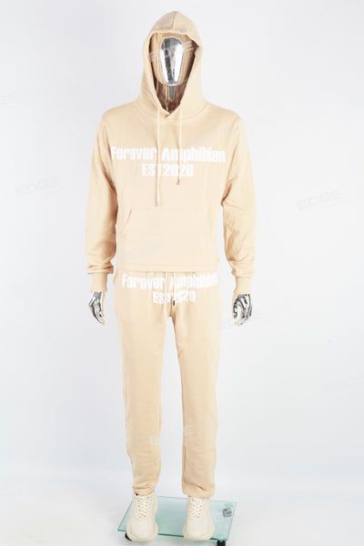 Men's cream printed hooded sweatshirt and knitted trousers