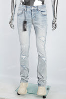 Men's light blue cut and splashed paint distressed washed bell bottoms