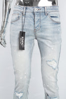 Men's light blue cut and splashed paint distressed washed bell bottoms