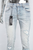 Men's light blue cut and splashed paint distressed washed bell bottoms