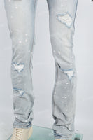 Men's light blue cut and splashed paint distressed washed bell bottoms
