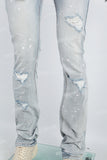 Men's light blue cut and splashed paint distressed washed bell bottoms
