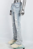 Men's light blue cut and splashed paint distressed washed bell bottoms