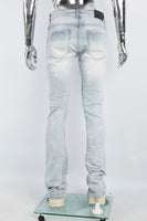 Men's light blue cut and splashed paint distressed washed bell bottoms