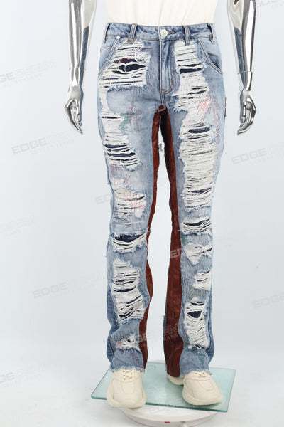 Blue Seahorse Hair Stitching Ripped Stitching Man Stack Jeans