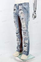 Blue Seahorse Hair Stitching Ripped Stitching Man Stack Jeans