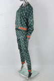 Green Print Contrast Ribbed Athleisure Suit
