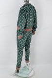 Green Print Contrast Ribbed Athleisure Suit