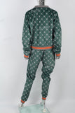 Green Print Contrast Ribbed Athleisure Suit