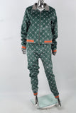 Green Print Contrast Ribbed Athleisure Suit