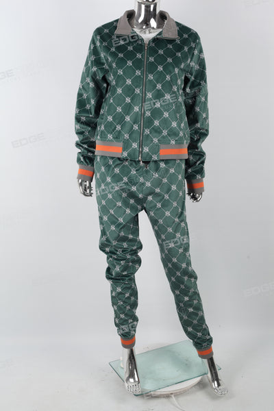 Green Print Contrast Ribbed Athleisure Suit