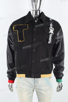 Black Patchwork Leather Sleeve Embroidered Baseball Jacket