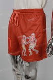 Orange Mesh Skull Print Mans Shorts