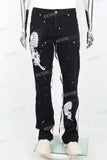 Black and White Splicing Spray Butterfly Embroidery Mans Stack Jeans