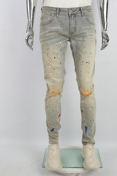 Blue Distressed Ripped Embroidered Spray Skinny Jeans