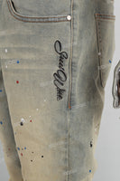 Blue Distressed Ripped Embroidered Spray Skinny Jeans