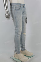 Blue Distressed Embroidered Patch Ripped Skinny Jeans