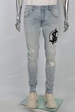 Blue Distressed Embroidered Patch Ripped Skinny Jeans
