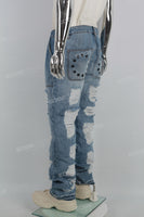Mans Blue Print Ripped Cargo Baggy Jeans