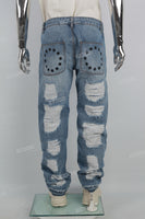 Mans Blue Print Ripped Cargo Baggy Jeans