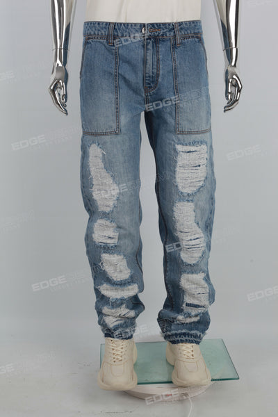 Mans Blue Print Ripped Cargo Baggy Jeans