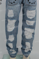 Mans Blue Print Ripped Cargo Baggy Jeans