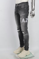 Mans Black Embroidery Ripped Skinny Jeans