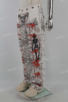 Mans White Skull Print Cargo Pocket Baggy Jeans