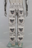 Mans White Skull Print Cargo Pocket Baggy Jeans