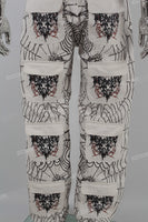 Mans White Skull Print Cargo Pocket Baggy Jeans