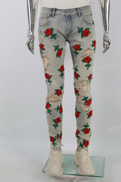 Vintage Blue Rose Embroidery Ripped SKinny Jeans