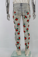Vintage Blue Rose Embroidery Ripped SKinny Jeans