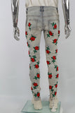 Vintage Blue Rose Embroidery Ripped SKinny Jeans