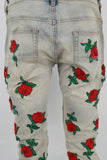 Vintage Blue Rose Embroidery Ripped SKinny Jeans