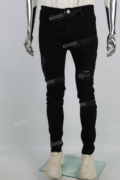 Black Ripped Embroidery Hem Zip Skinny Jeans