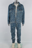 Blue Radiant Print Long Sleeve Denim Jacket Set