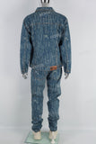 Blue Radiant Print Long Sleeve Denim Jacket Set