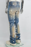 Blue Distressed Wash Inside Print Mans Stack Jeans