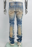 Blue Distressed Wash Inside Print Mans Stack Jeans