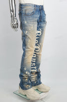 Blue Distressed Wash Inside Print Mans Stack Jeans