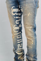 Blue Distressed Wash Inside Print Mans Stack Jeans