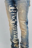 Blue Distressed Wash Inside Print Mans Stack Jeans