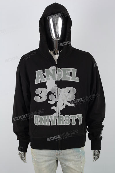 Black Printed Embroidered Zipper Men's hoodies