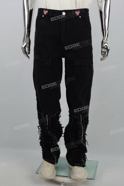 Black zipper embroidered cut denim Flare Jeans
